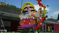 Wario competing in Archery in the opening of Mario and Sonic at the Olympic Games for Wii