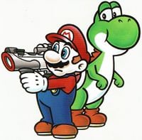 Yoshi standing next to Mario, who is holding the Super Scope, in Yoshi's Safari