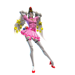 Bayonetta in her Princess Peach costume.