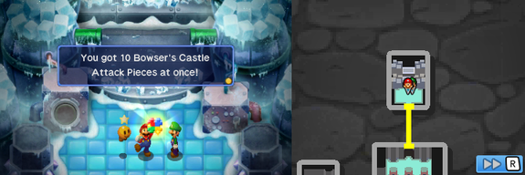 Mario and Luigi getting all 10 Attack Pieces for the Magic Window Bros. Attack after beating the trio of Shroobs in Bowser's Castle of Mario & Luigi: Bowser's Inside Story + Bowser Jr.'s Journey.