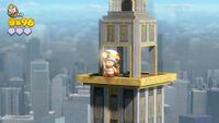 Captain Toad on top of the New Donk City Hall skyscraper in the Nintendo Switch version of Captain Toad: Treasure Tracker.