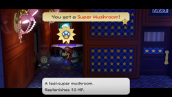 Mario getting a Super Mushroom from the conductor on Excess Express of Paper Mario: The Thousand-Year Door for Nintendo Switch.