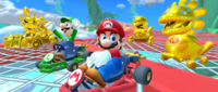 Mario, Luigi, Petey Piranha (Gold), Dry Bowser (Gold), and King Boo (Gold) participating in the 2023 New Year's Tour's 2-Player Challenge in Mario Kart Tour