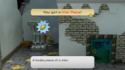 Mario getting the Star Piece behind the left pillar in the center room at level 1 of Rogueport Underground in the remake of the Paper Mario: The Thousand-Year Door for the Nintendo Switch.