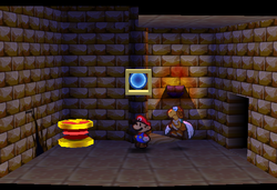 Mario standing next to the Super Block in Dry Dry Ruins in Paper Mario.