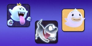 Image shown at the end of the Terrifying trivia with Nintendo ghosts skill quiz. Pictured, from left to right: King Boo with two Peepas, Polterpup, and Wisp (from the Animal Crossing series).