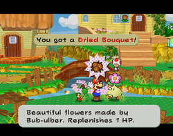 Mario getting a Dried Bouquet from Bub-ulber in Petalburg of Paper Mario: The Thousand-Year Door.