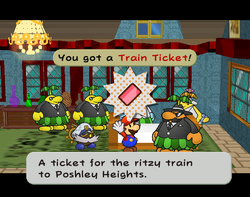 Mario getting the Train Ticket from Don Pianta in Rogueport of Paper Mario: The Thousand-Year Door.