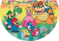 Bowser, invited at the party of Princess Peach, apologizing to Mario, Luigi, Yoshi and three Baby Yoshis in Super Mario Sound Ehon (「スーパーマリオサウンドえほん」, Super Mario Sound Picture Book).