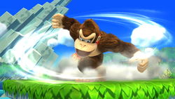 Donkey Kong doing his Spinning Kong on Mario and Samus Aran in Super Smash Bros. for Wii U