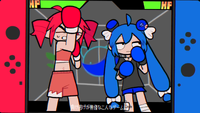 In "Sandbag", Teto and Una fight against a backdrop resembling the Easy stage in WarioWare, Inc.: Mega Microgame$!.