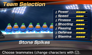 Stone Spike's stats in the soccer portion of Mario Sports Superstars