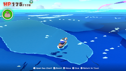 Location of where to dive for a chest containing a Coin Bag in The Great Sea of The Origami King.