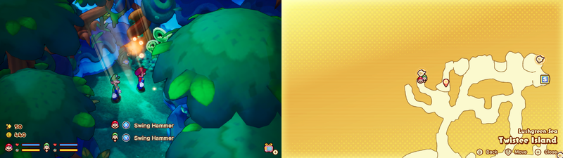 Mario and Luigi near a Sprite Bulb Nest on Twistee Island of Mario & Luigi: Brothership.
