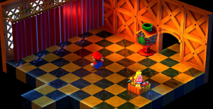 The curtain room at the top of Booster Tower, as seen in Super Mario RPG (Nintendo Switch).