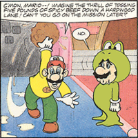 Luigi playing the invented game, Bowling for Pasta, as Frog Mario looks on.
