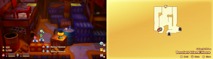 Mario and Luigi near wooden crates containing a Five Coin and a 10-Coin on Desolatt Island of Mario & Luigi: Brothership.
