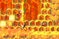Diddy and Dixie Kong jumping over a Zinger near the start of Hornet Hole in the Game Boy Advance port of Donkey Kong Country 2: Diddy's Kong Quest