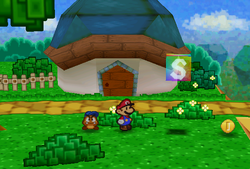 Mario finding a Coin in the second-to-last bush in the first scene in Koopa Village of Paper Mario.