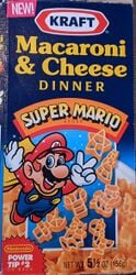 A Super Mario-themed Kraft Macaroni & Cheese Dinner box