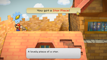 Mario getting a Star Piece on the roof of Zess T.'s house in Rogueport, in the remake of the Paper Mario: The Thousand-Year Door for the Nintendo Switch.