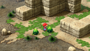 Mario finding a Frog Coin inside of the bush in Booster Pass of Super Mario RPG.