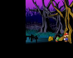 Mario getting a Golden Leaf from a tree in Creepy Steeple of Paper Mario: The Thousand-Year Door.