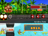 Gameplay of Street Performance mode of Donkey Konga, with a beach background.