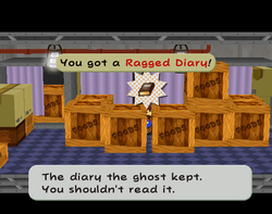 Mario getting the Ragged Diary from behind crates in the baggage room on Excess Express of Paper Mario: The Thousand-Year Door.