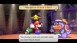 Mario getting the Champ's Belt from Grubba in Glitz Pit of Paper Mario: The Thousand-Year Door for Nintendo Switch.