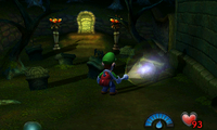 Luigi in the unlit Graveyard in Luigi's Mansion for Nintendo 3DS.