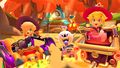 Rosalina (Halloween), King Boo (Luigi's Mansion), and Peach (Halloween) tricking on the course, with Mario (Halloween) driving ahead