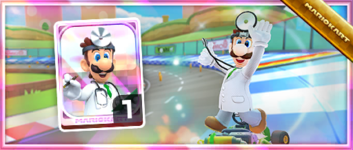 Dr. Luigi from the Spotlight Shop in the 2023 Doctor Tour in Mario Kart Tour