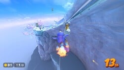 Penguin being picked up by Lakitu as they fall off a cliff