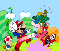Mario and Toad winning the battle against Wart and the 8 bits.