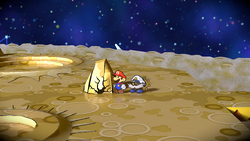 Mario near the rock containing a Maple Syrup on the Moon of Paper Mario: The Thousand-Year Door for Nintendo Switch.