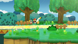 Mario getting the Star Piece in a clump of grass in Path to Shhwonk Fortress, in the remake of the Paper Mario: The Thousand-Year Door for the Nintendo Switch.