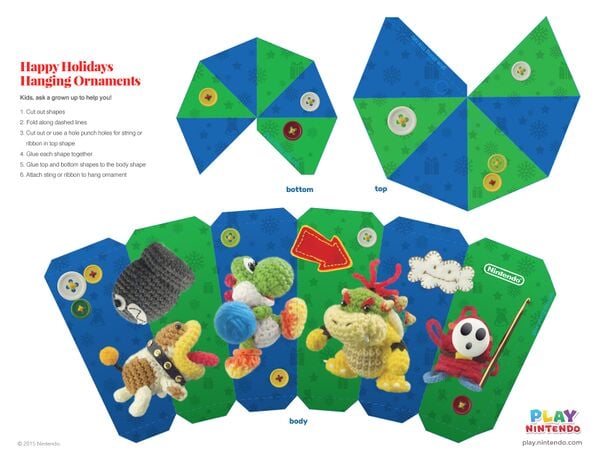 Printable sheet for a holiday ornament featuring characters from Yoshi's Woolly World