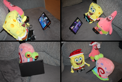 Four photographs are shown in comic format, arranged left to right, top to bottom. In the first, Spongebob and Patrick are shown with Joy-Cons, playing Sonic Racing: CrossWorlds on the Switch 2. In the second, SpongeBob is shown winning in CrossWorlds. In the third, Gary is shown with a tablet, while in the fourth and final panel, Gary is using the tablet to take a photo of SpongeBob and Patrick with Christmas hats on.