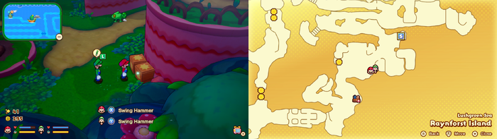 Mario and Luigi near wooden crates containing a Coin on Raynforst Island of Mario & Luigi: Brothership.