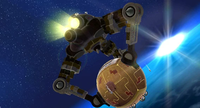 A screenshot of Bowser Jr.'s Robot Reactor during the "Megaleg's Moon" mission from Super Mario Galaxy.