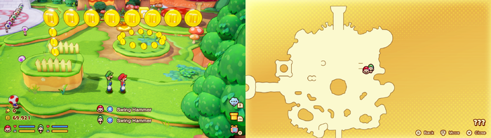 Mario and Luigi near 15 Coins and 8 10-Coins in the illusionary Mushroom Kingdom area of Soli-Tree of Mario & Luigi: Brothership.
