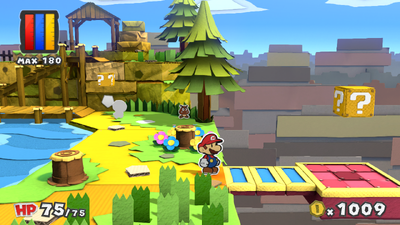 Mario in front of the revealed platform in Sunglow Ridge of Paper Mario: Color Splash.