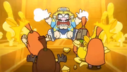 Wario crash-landing back into the shrine where the Woods Watchers are cleaning