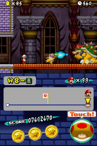 Fire Mario fighting Bowser Jr. and Bowser in World 8-Bowser Castle.
