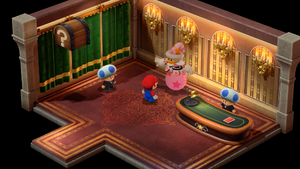 Mario winning rewards from Grate Guy's "Look the other way" in Grate Guy's Casino of Super Mario RPG.