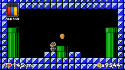 Mario near a Coin in Green Energy Plant of Paper Mario: Color Splash.