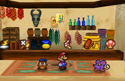 Image of Mario and Goombario in Little Mouser's Shop in Dry Dry Outpost, in Paper Mario.