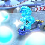 Ice Mario using his Ice Flower special skill in Mario Kart Tour