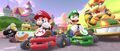 Mario, Luigi, Bowser, Bowser Jr., Boomerang Bro, and Fire Bro participating in the Wedding Tour's 2-Player Challenge